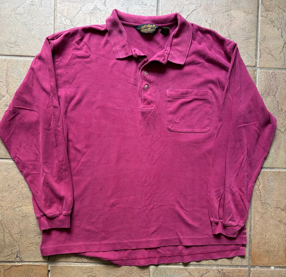 Vintage Eddie Bauer Men's XL Long Sleeve Pocket Polo Shirt Burgundy 100% Cotton